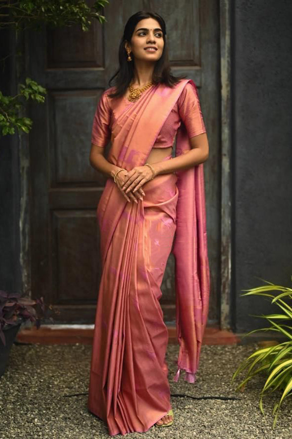 Unequalled Pink Soft Silk Saree With Snazzy Blouse Piece