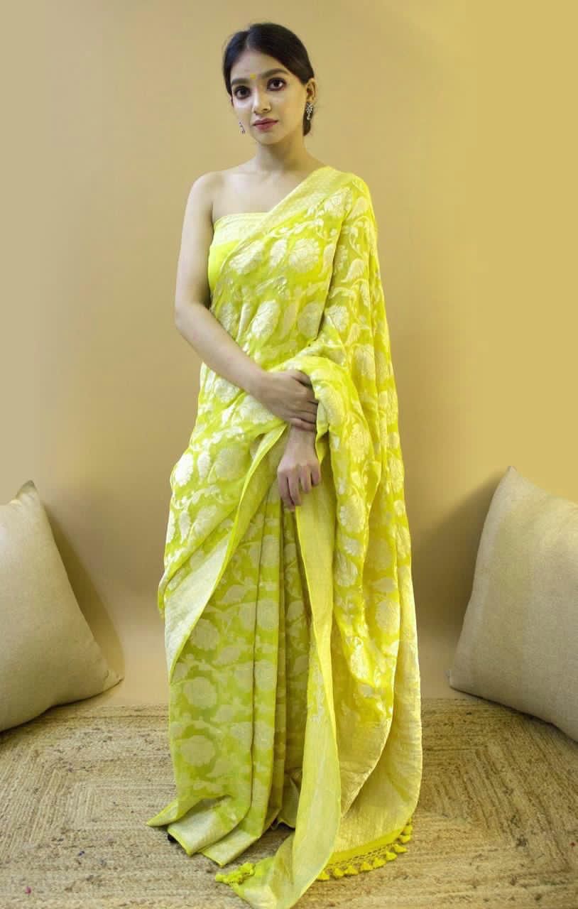 Pure Lichi Silk Saree Haevy Weaving Yellow Colour, Party Wear