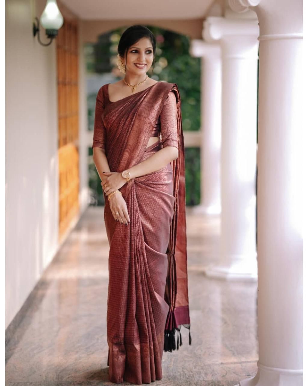 Dark Maroon Colour Saree & Golden Zari Weaving | Banarasi Silk Saree | Designer Indian Style Saree