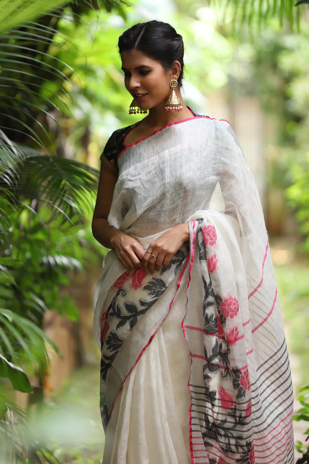 red-white linen jamdani saree, white and red line saree