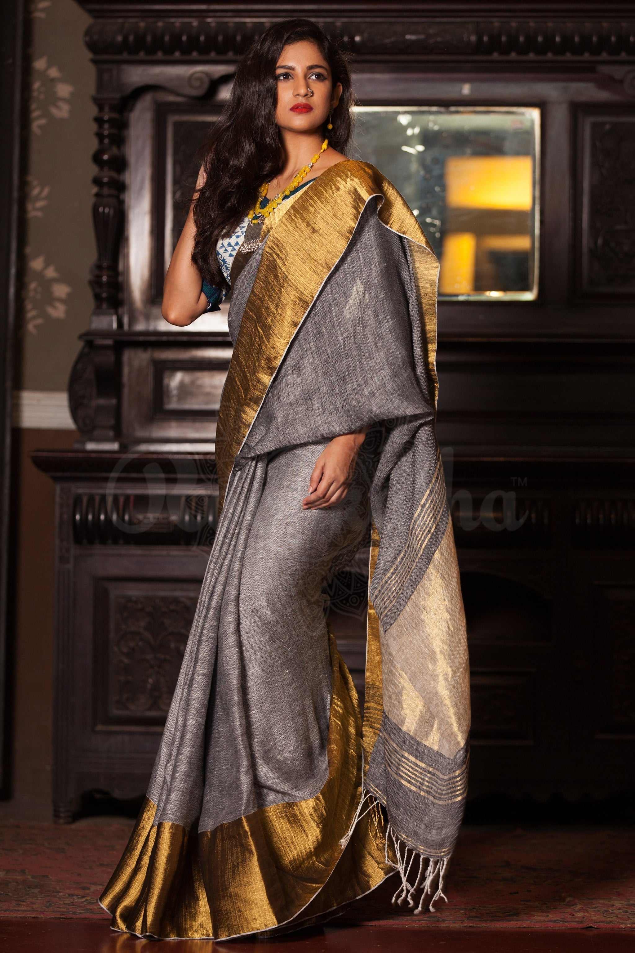 Pure linen saree in Light grey, festive wear