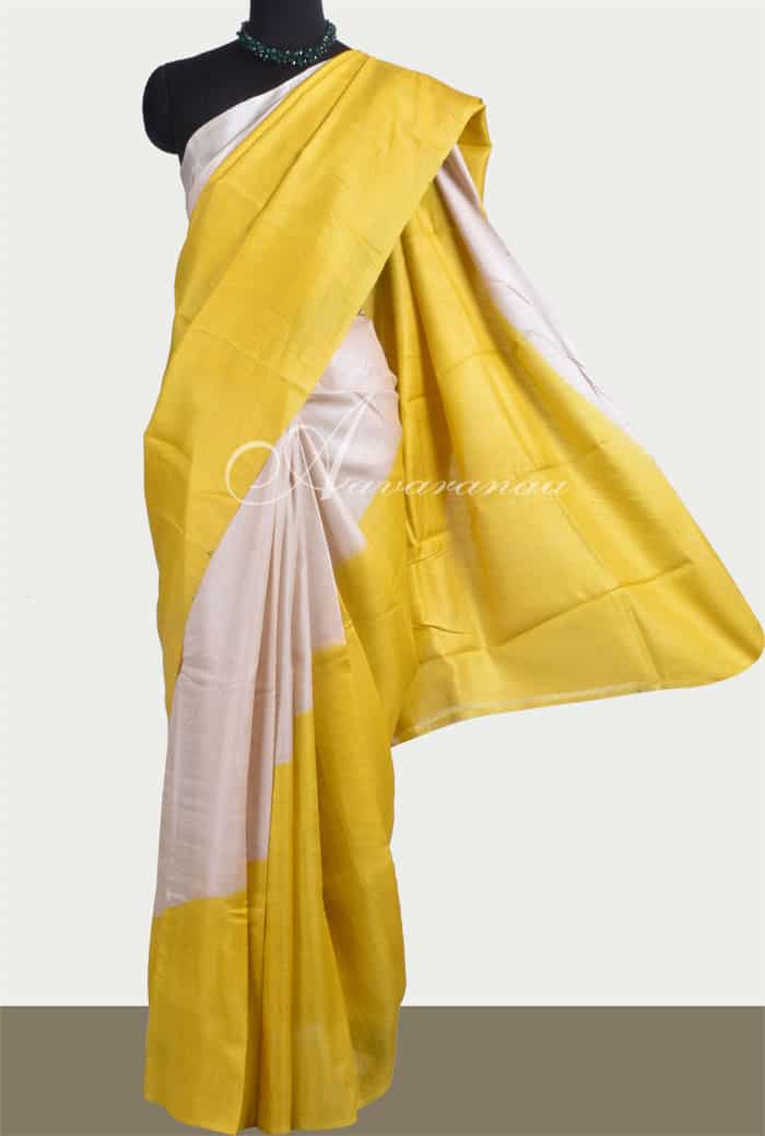 Pure Silk Printed Glorious White And Yellow Saree, Designer Wear
