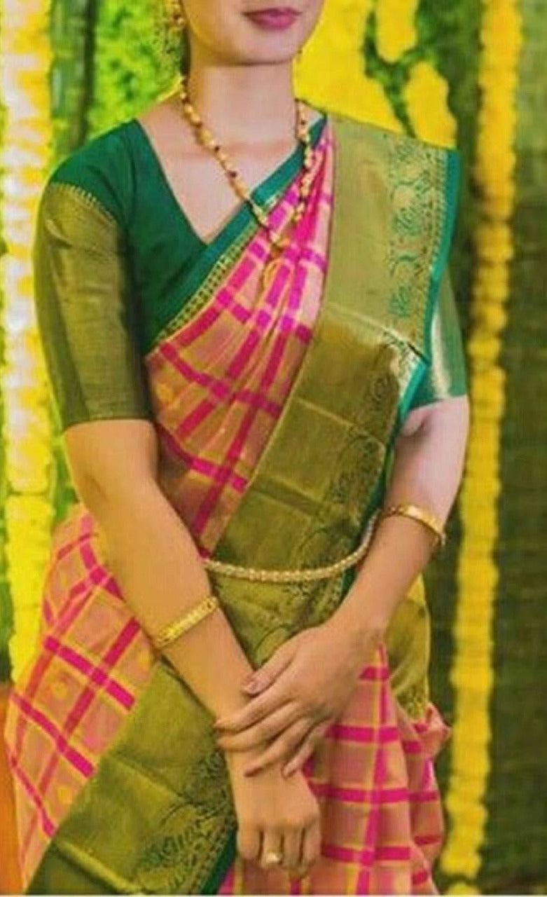 Soft Silk Saree Pink And Green Colour Woven, Festive Wear