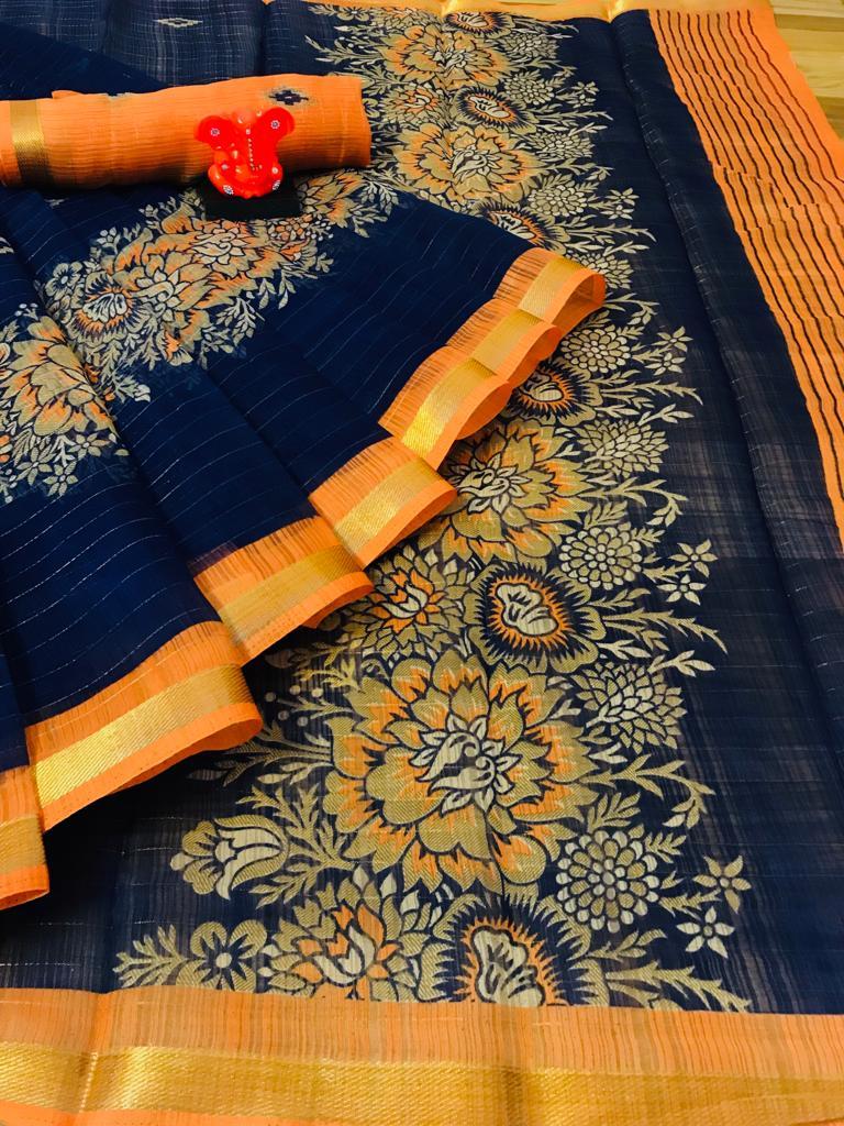 Pure Linen Beautiful Blue Orange Saree, Printed Casual Wear