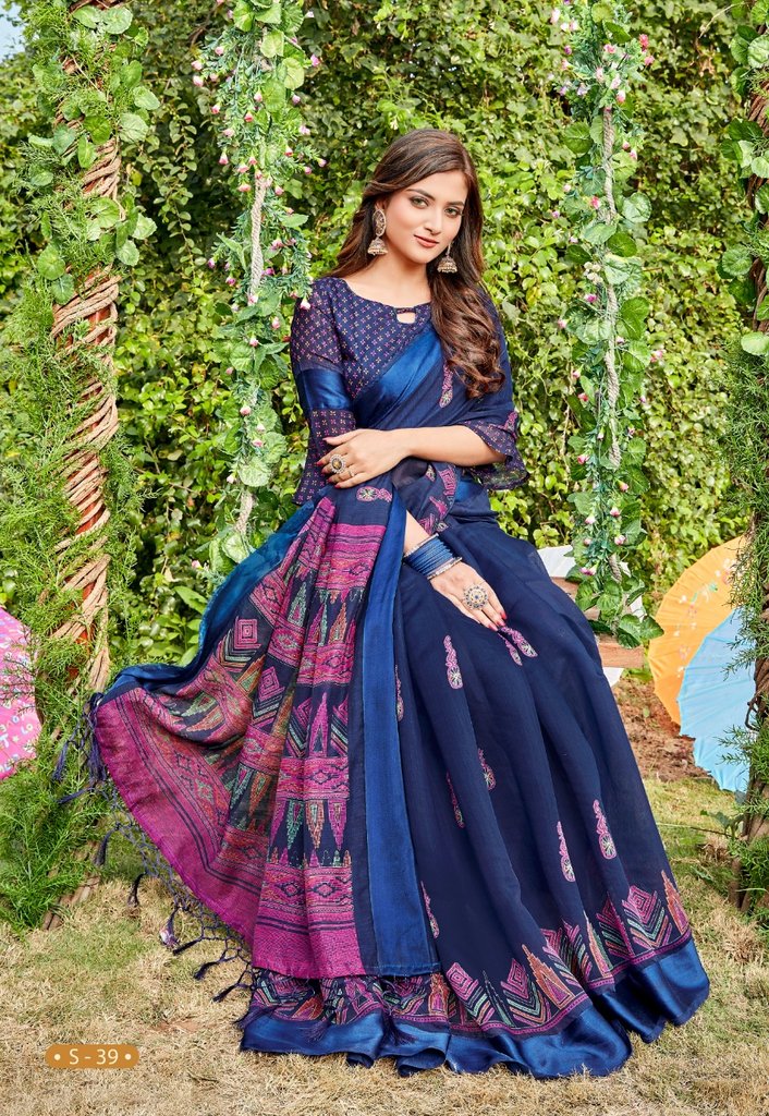 Pure Linen Royal Blue Saree, Printed Casual Wear