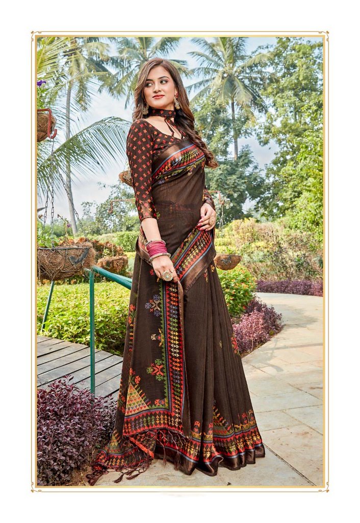 Pure Linen Glowing Brown Saree, Printed Casual Wear
