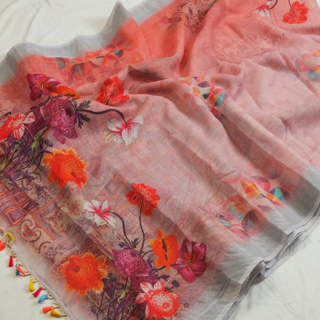 Pure Linen Trendy Peach Saree, Flowered Festive Wear