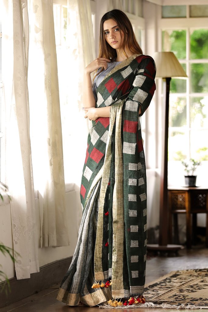 Linen Ravishing Dark Green Saree, Printed Designer Wear
