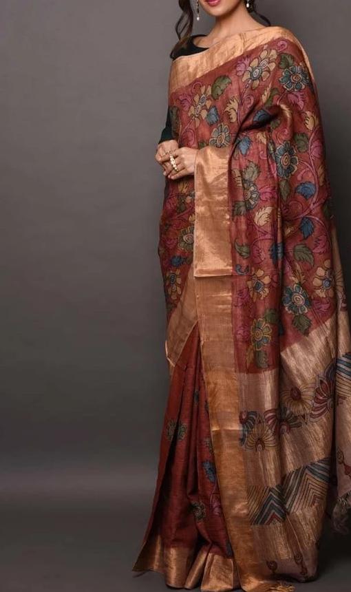 Pure Linen Eye-catching Brown Saree, Printed Designer Wear