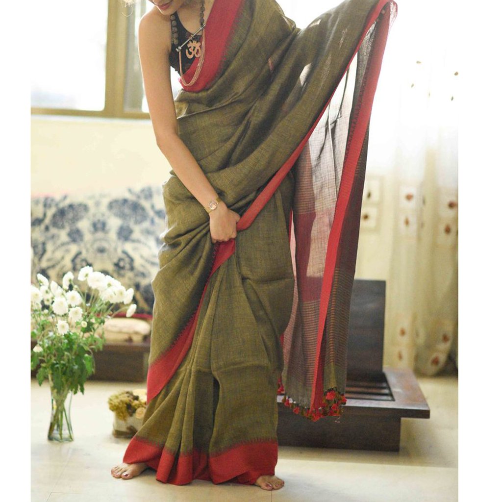 Pure Linen Intricate Green Red Saree, Designer Festive Wear