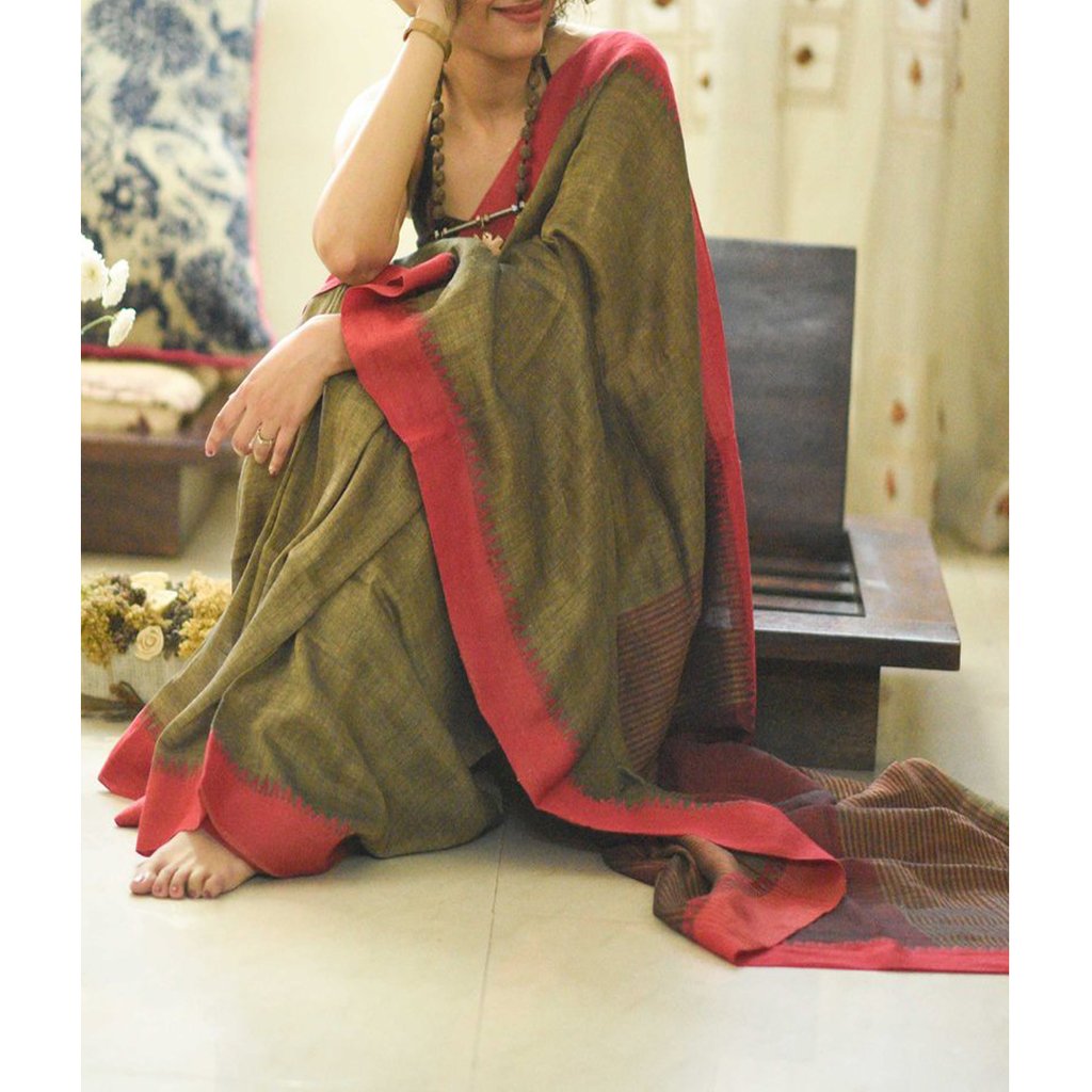 Pure Linen Intricate Green Red Saree, Designer Festive Wear