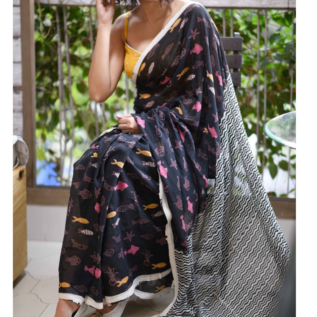Pure Linen Pretty Black Saree, Designer Festive Wear