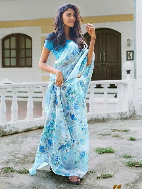 Pure Linen Intricate Sky Blue Saree, Printed Casual Wear
