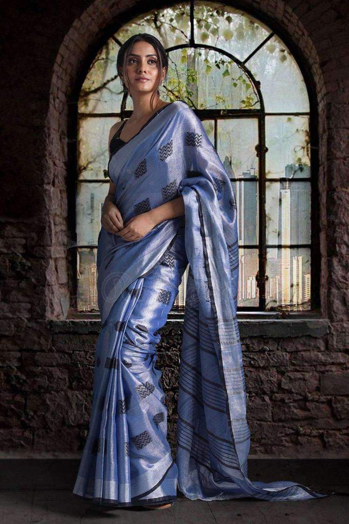 Pure Linen Flattering Sky Saree, Printed Festive Wear
