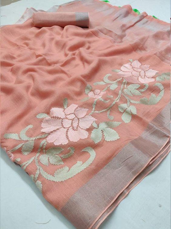 Pure Linen Opulent Peach Saree, Printed Festive Wear