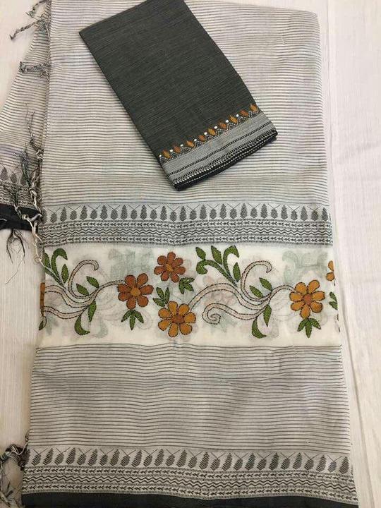 Linen Cotton Grey Colored Saree, Printed Designer Wear