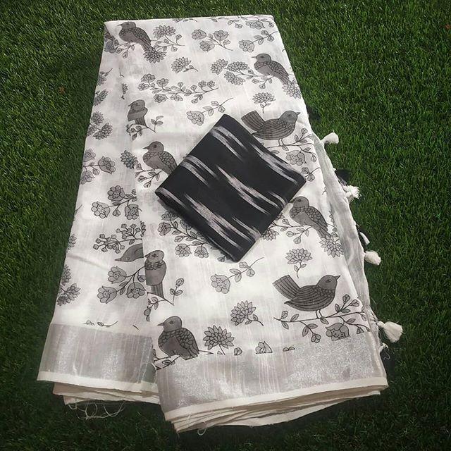 Pure Linen Marvellous Grey White Saree, Printed Casual Wear
