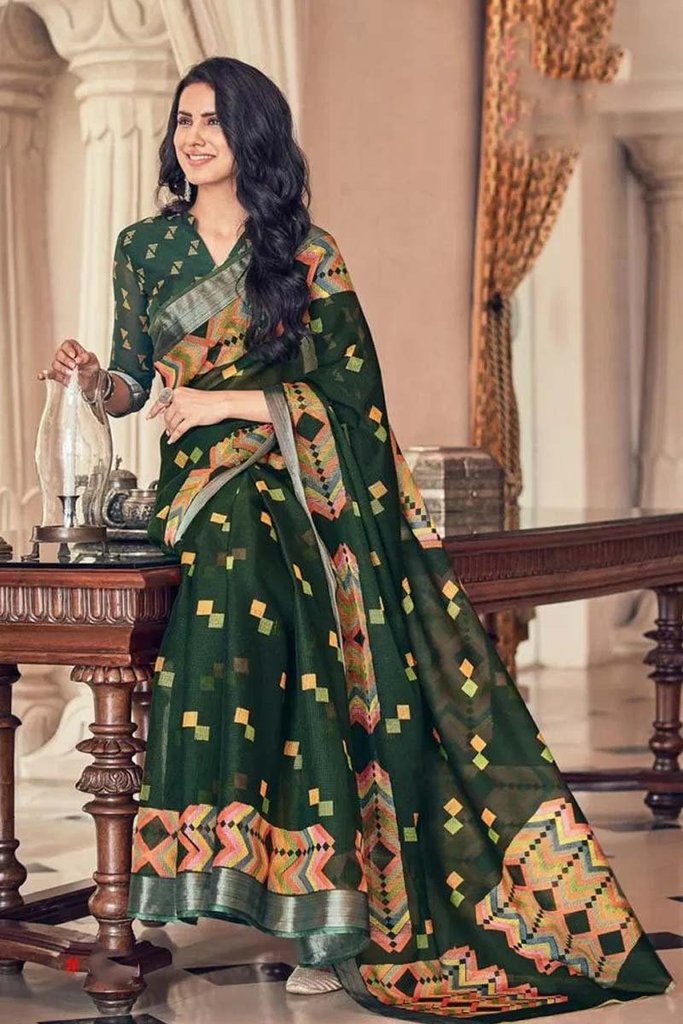 Pure Linen Ethnic Green Saree, Designer Festive Wear
