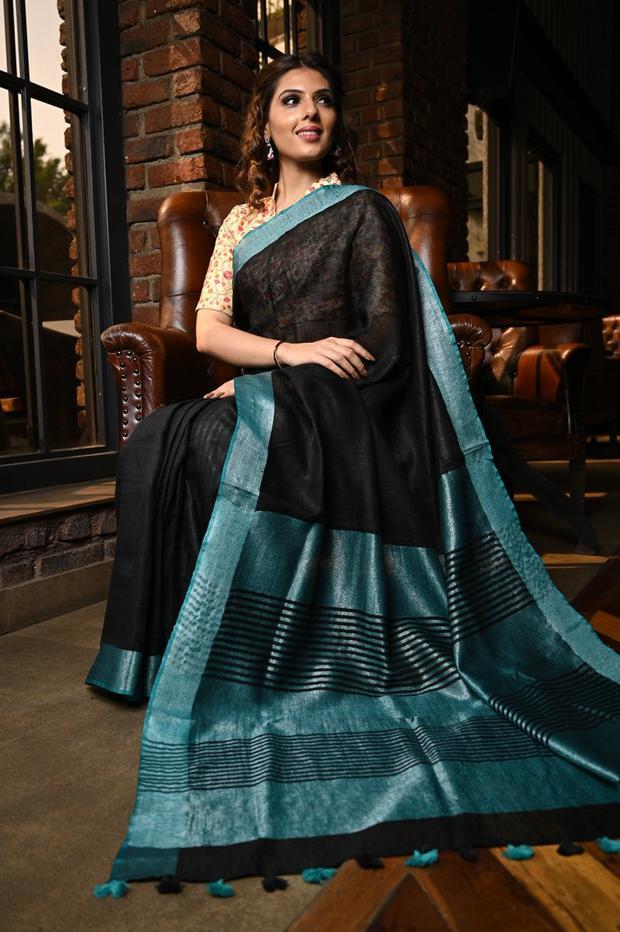 Pure Linen Black  Saree, Printed Designer Wear