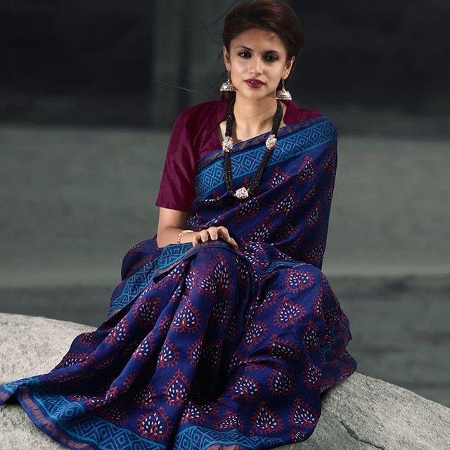Pure Linen Gorgeous Navy Blue Saree, Printed Casual Wear