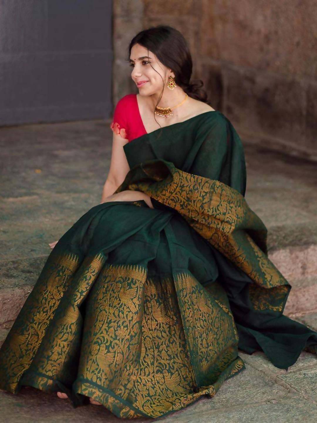 Buy Sutram Women's Dark Green Booti Work Vichitra Silk Saree With Unstitch  Blouse Piece Online at Best Prices in India - JioMart.