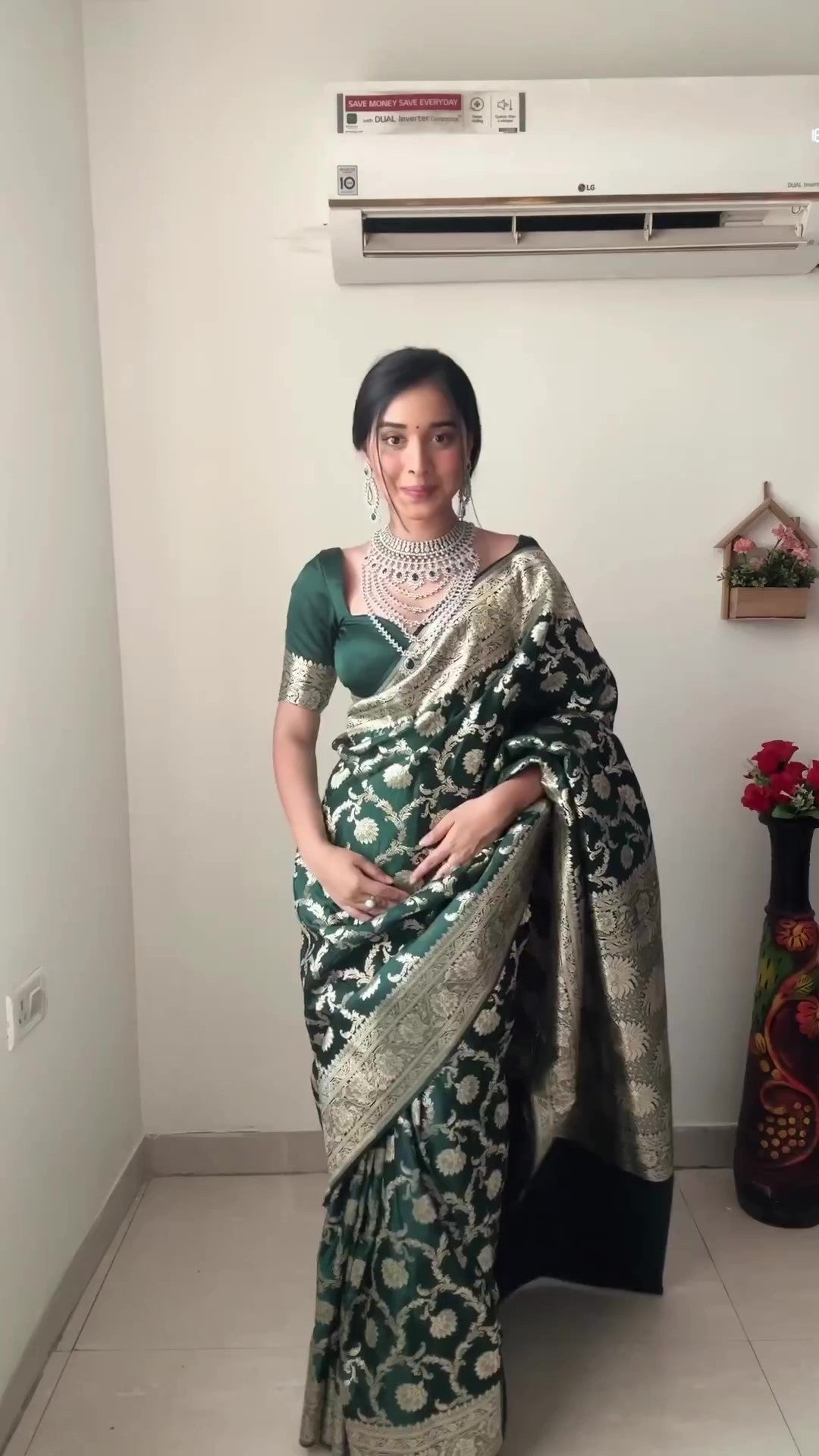 Gorgeous 1-Minute Ready To Wear Green Soft Silk Saree