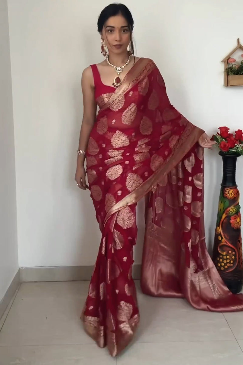 Radiant 1-Minute Ready To Wear Red Cotton Silk Saree