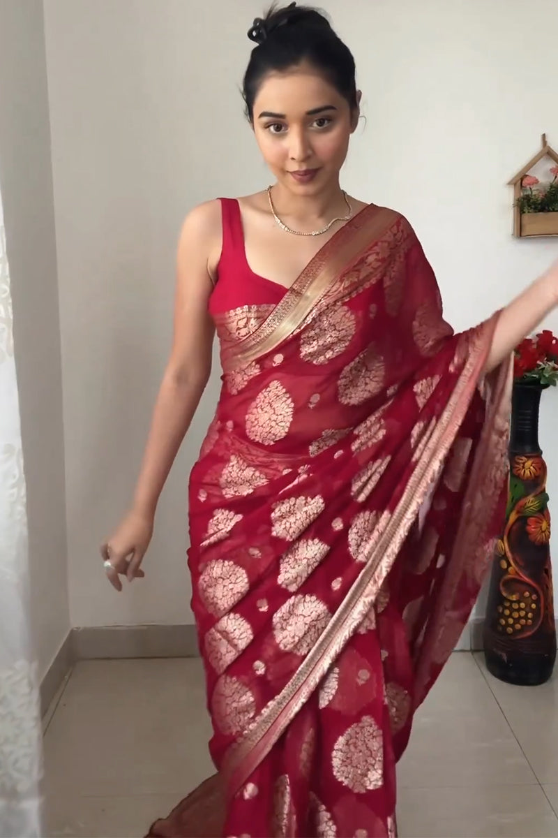 Radiant 1-Minute Ready To Wear Red Cotton Silk Saree