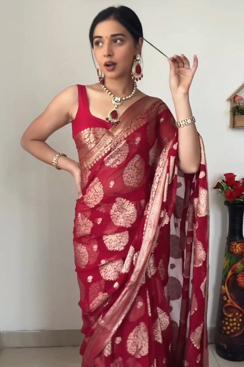 Radiant 1-Minute Ready To Wear Red Cotton Silk Saree