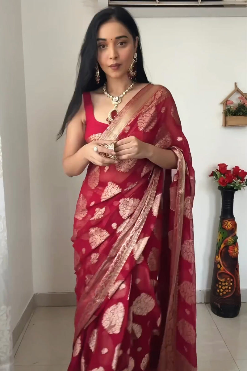 Radiant 1-Minute Ready To Wear Red Cotton Silk Saree