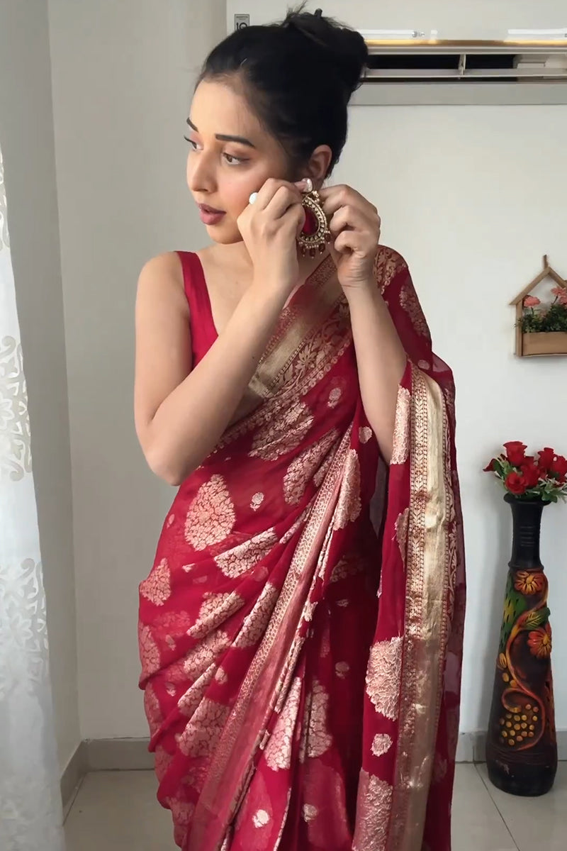 Radiant 1-Minute Ready To Wear Red Cotton Silk Saree