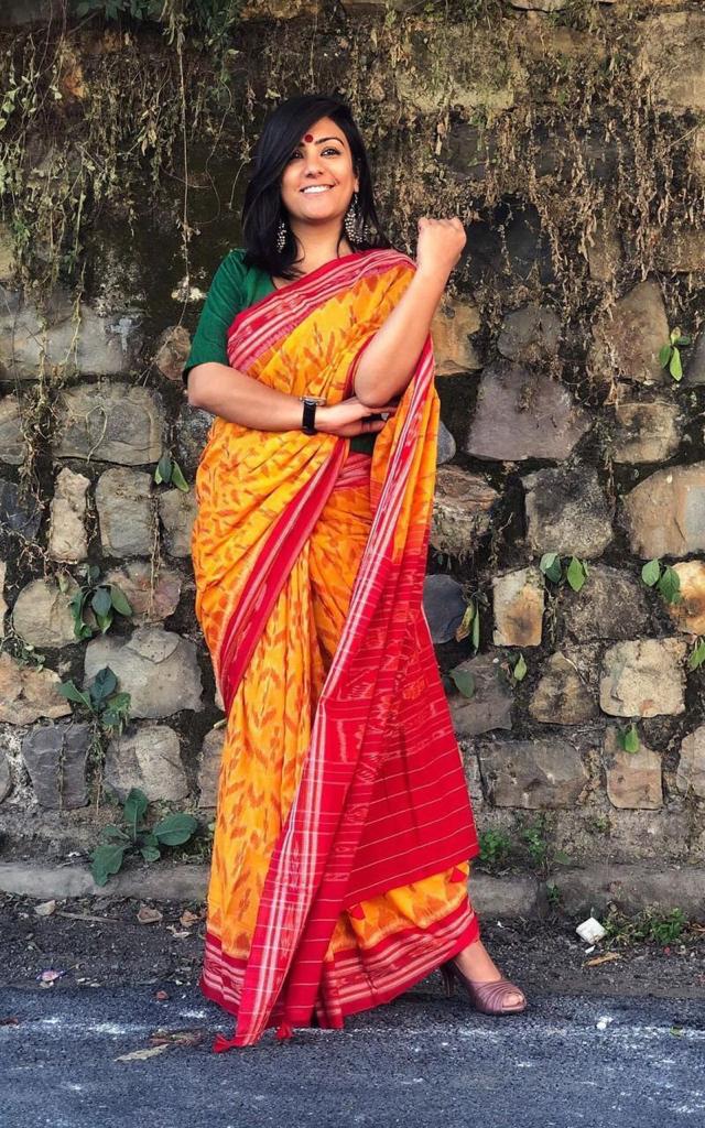 Casual Wear Yellow and red Colour mul Saree