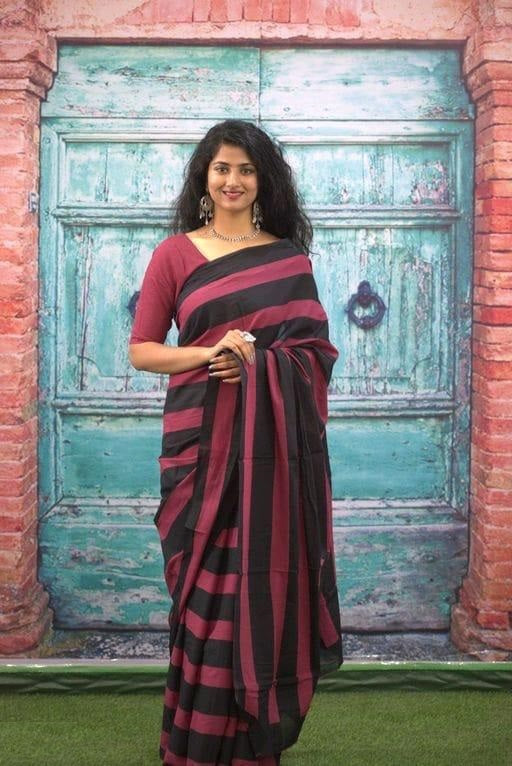 Dark pink and black Pure Cotton Mul Saree