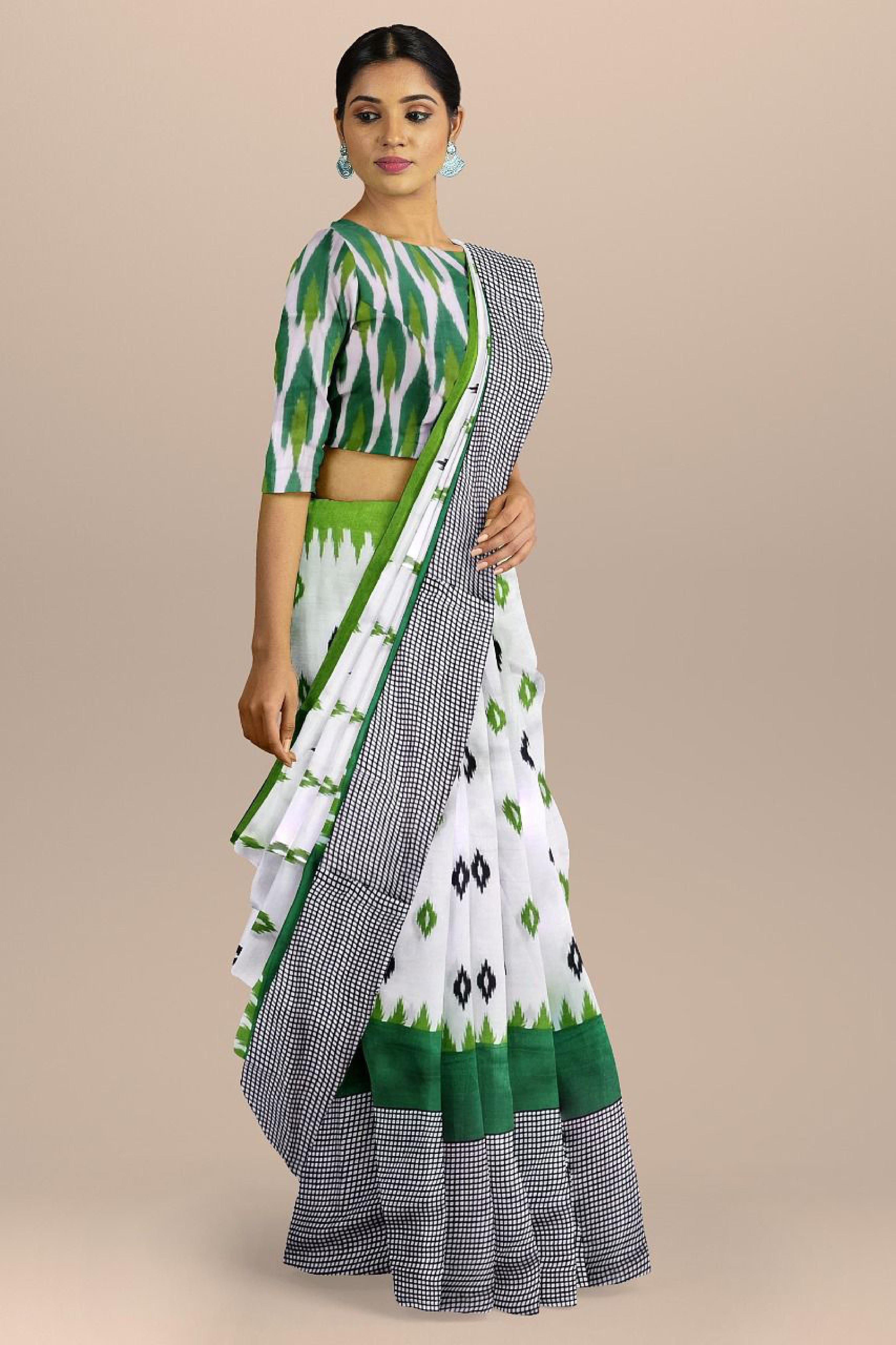 White and green color Pure Cotton Mul Saree