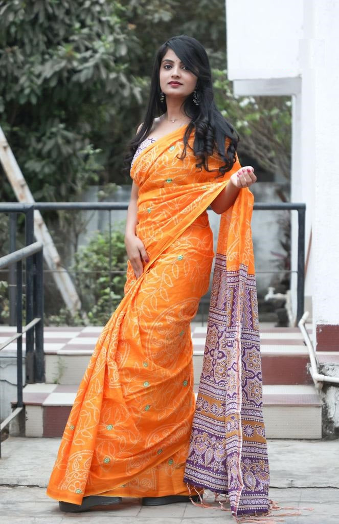 Banarasi mul cotton Orange colour saree