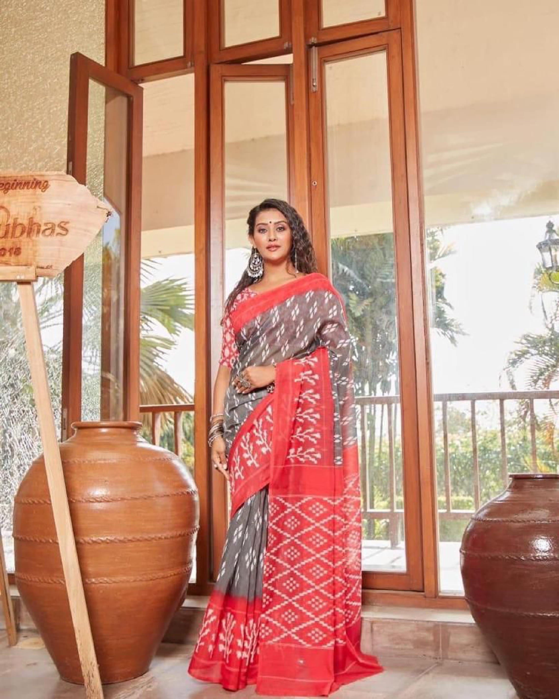 Banarasi mul cotton Red and grey color saree