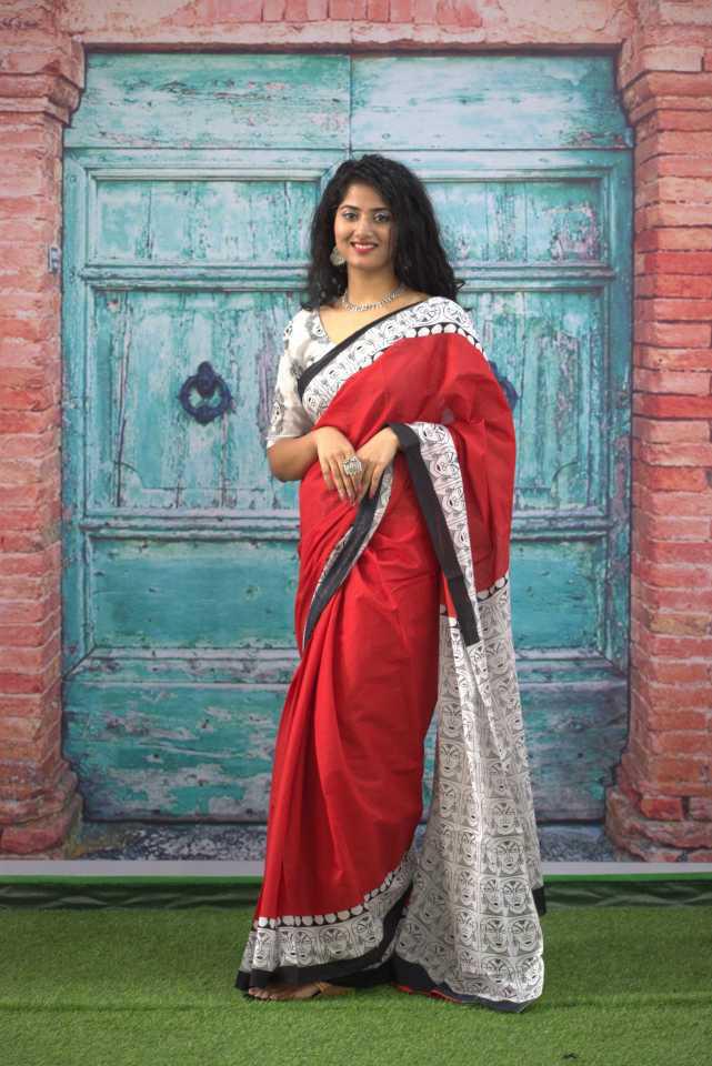 Mul red and white Cotton Printed Saree