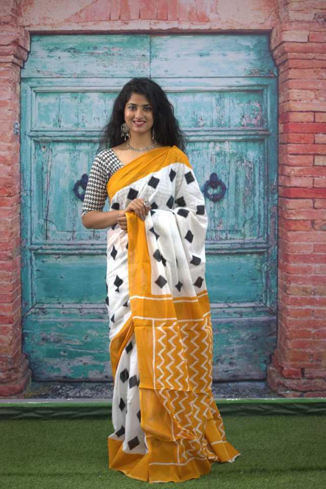 Banarasi mul cotton white colour saree