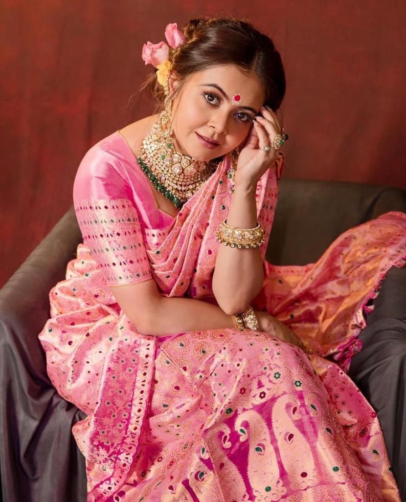 Pure Lichi Silk Saree Heavy Weaving Baby Pink Color