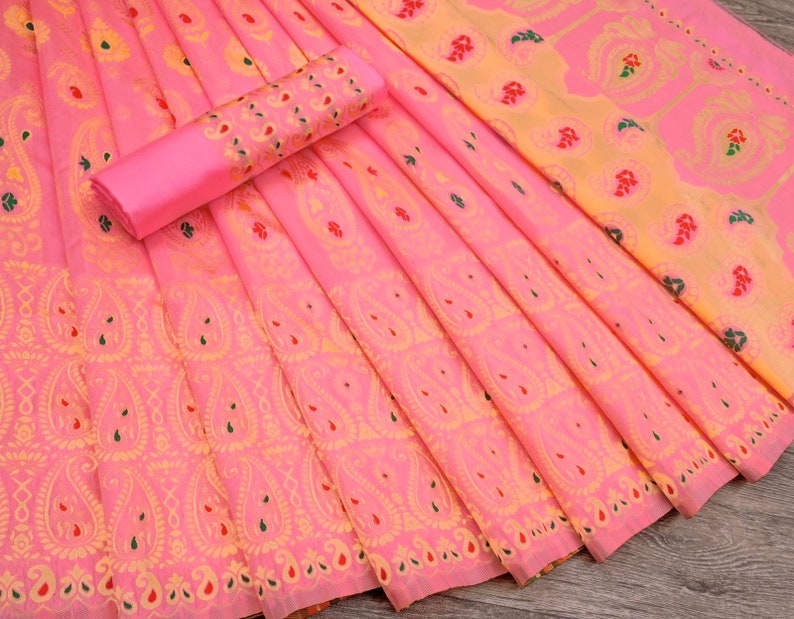 Pure Lichi Silk Saree Heavy Weaving Baby Pink Color