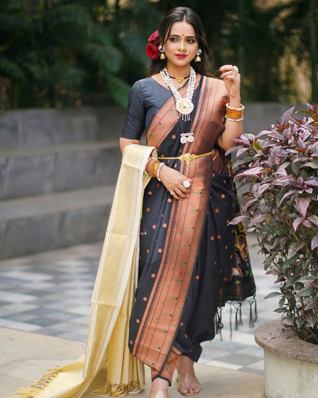 Amazing Black Paithani Silk Saree With Ethnic Blouse Piece