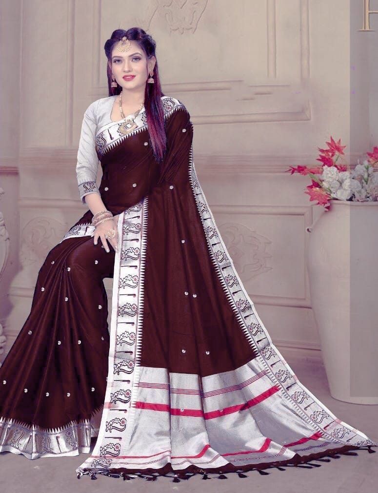 Stylish Brown Paithani Silk Saree With Flattering Blouse Piece