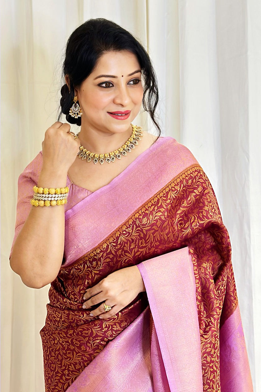 Woebegone Pink Soft Silk Saree With Elision Pink Blouse Piece