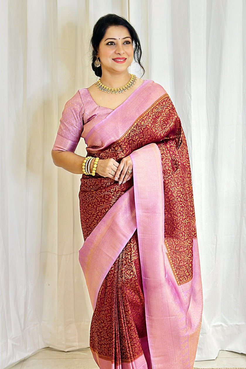 Woebegone Pink Soft Silk Saree With Elision Pink Blouse Piece