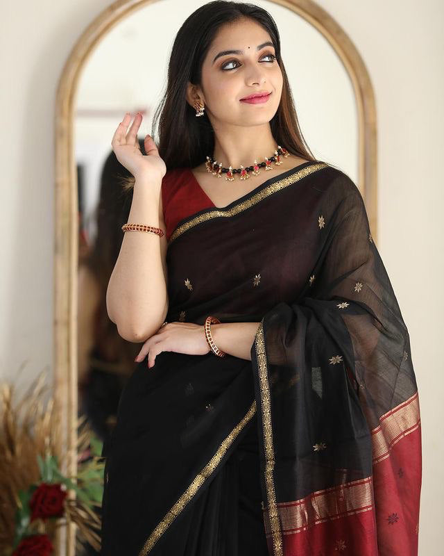 Artistic Black Cotton Silk Saree With Marvellous Blouse Piece