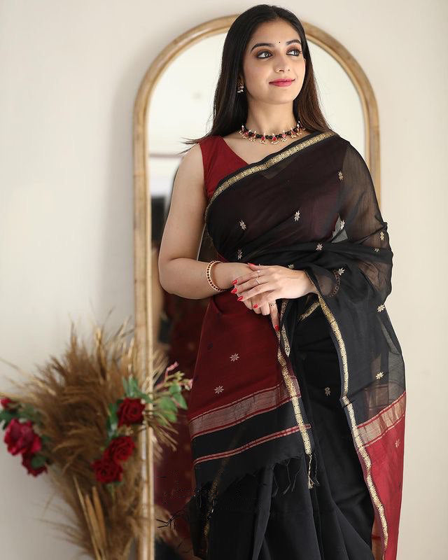 Artistic Black Cotton Silk Saree With Marvellous Blouse Piece