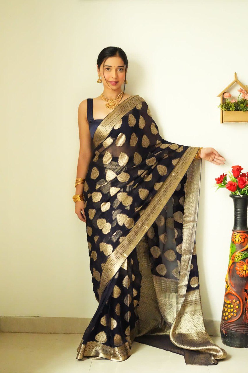 Tempting 1-Minute Ready To Wear Black Soft Silk Saree