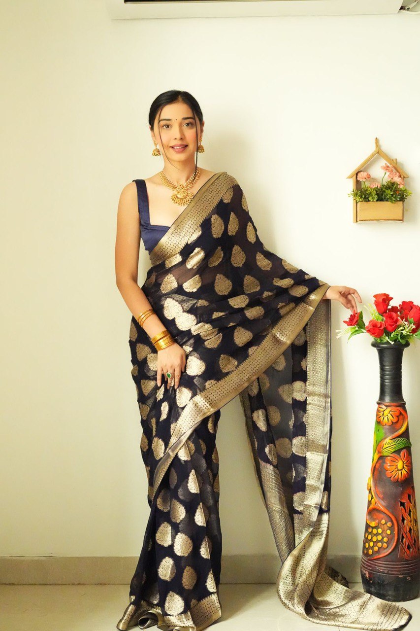 Tempting 1-Minute Ready To Wear Black Soft Silk Saree