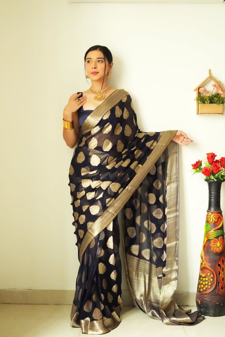 Tempting 1-Minute Ready To Wear Black Soft Silk Saree