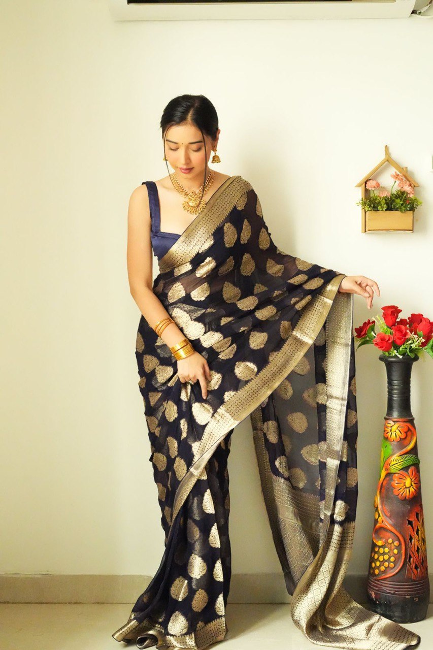 Tempting 1-Minute Ready To Wear Black Soft Silk Saree